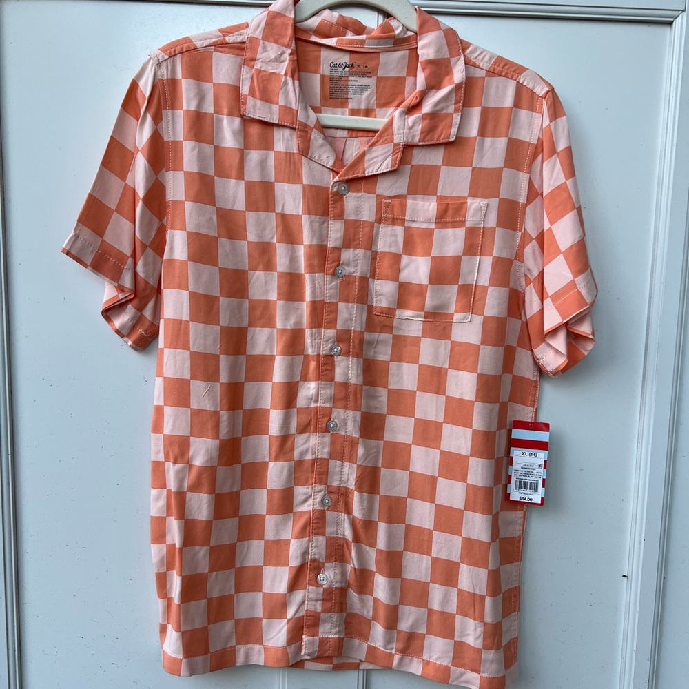 Cat & Jack Boys Orange Checker Print Button Down Shirt